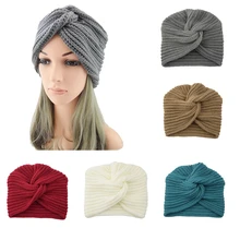

New Knot Bandanas Turban 2021 Autumn Winter Warm Knitting Turban Cap Solid Center Cross Women Hair Scarfs Muslim Hat Bucket Hat