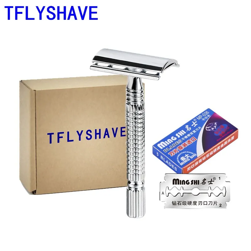 

TFLYSHAVE 1pcs Holder+6pcs Blades Men Double Edge Shaver Short Handle Classic Safety Razor Mens Women Body Shaving Manual Shaver