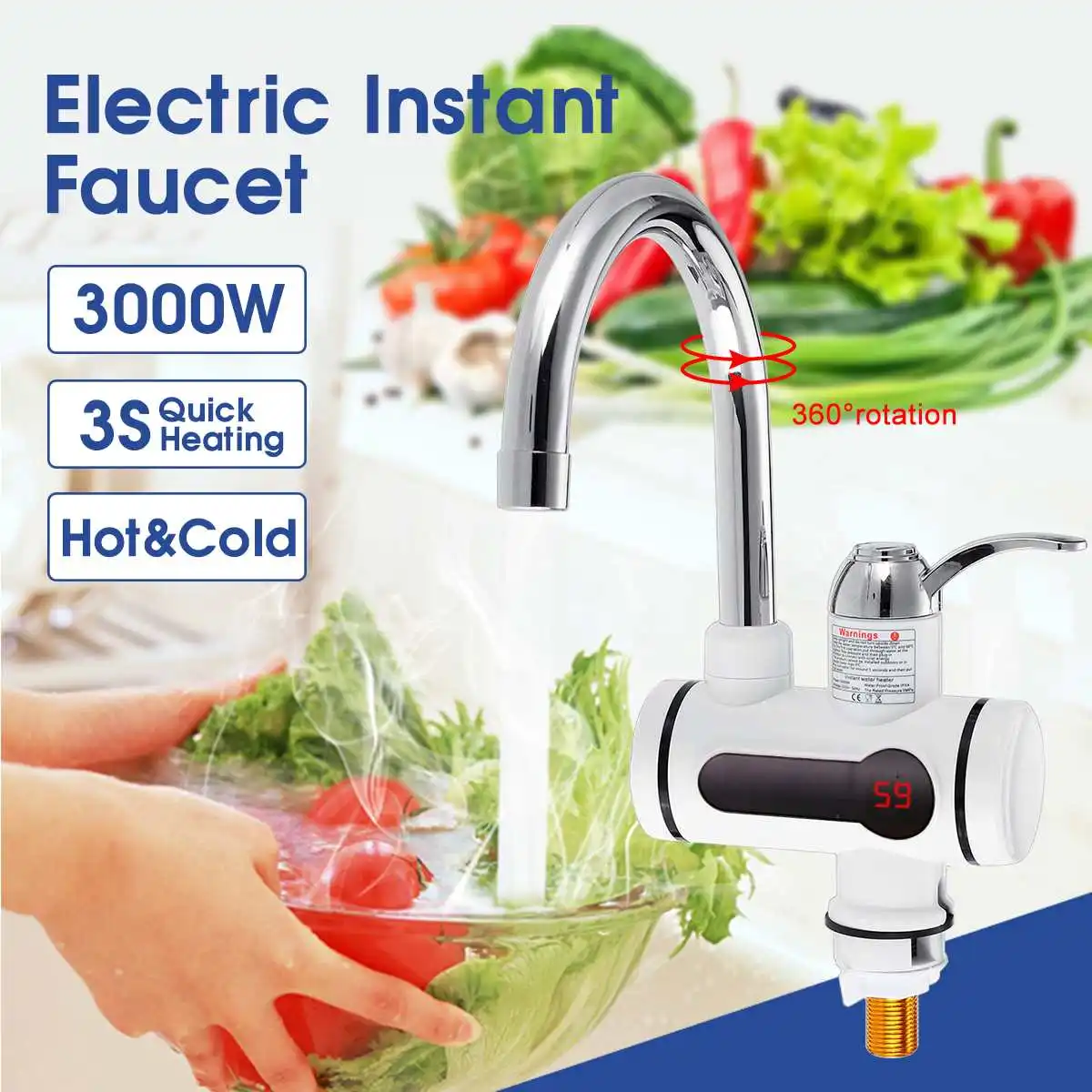 

3000W LED Instant Electric Water Heater Tap Water Faucet Heater Hot Cold Faucet Tankless Kitchen Water Heater Fast Heating