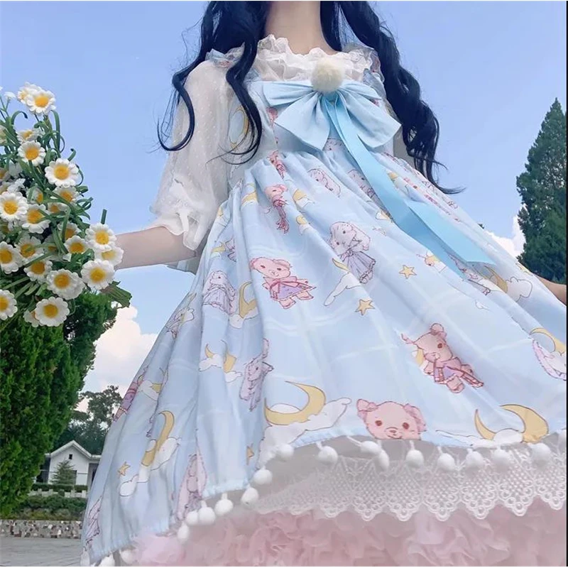 

Lolita Summer Women's Dress For Girls Elegant Cartoon Print Short Sleeve Harajuku Dress Girls Kawaii Clothes Pink Lolita