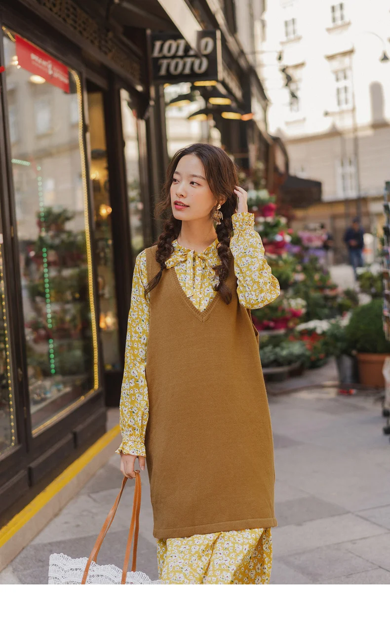 INMAN 2020 Autumn New Arrival Artsy Style Long Vest Flora Print Dress Suit