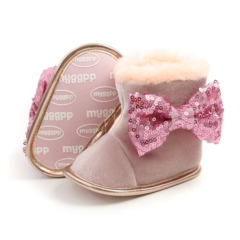

Newborn Baby Shoes Bow Fur Winter Warm Baby Girls Boots With Hairband Mid-Calf Length Slip-On Infant Furry Boots 0-18M