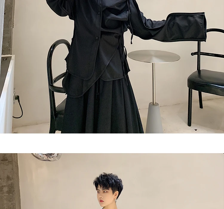 Men Fold Irregular Ribbon Splice Long Sleeve Casual Black Shirt Male Japan Style Streetwear Punk Gothic Shirts Stage Clothing