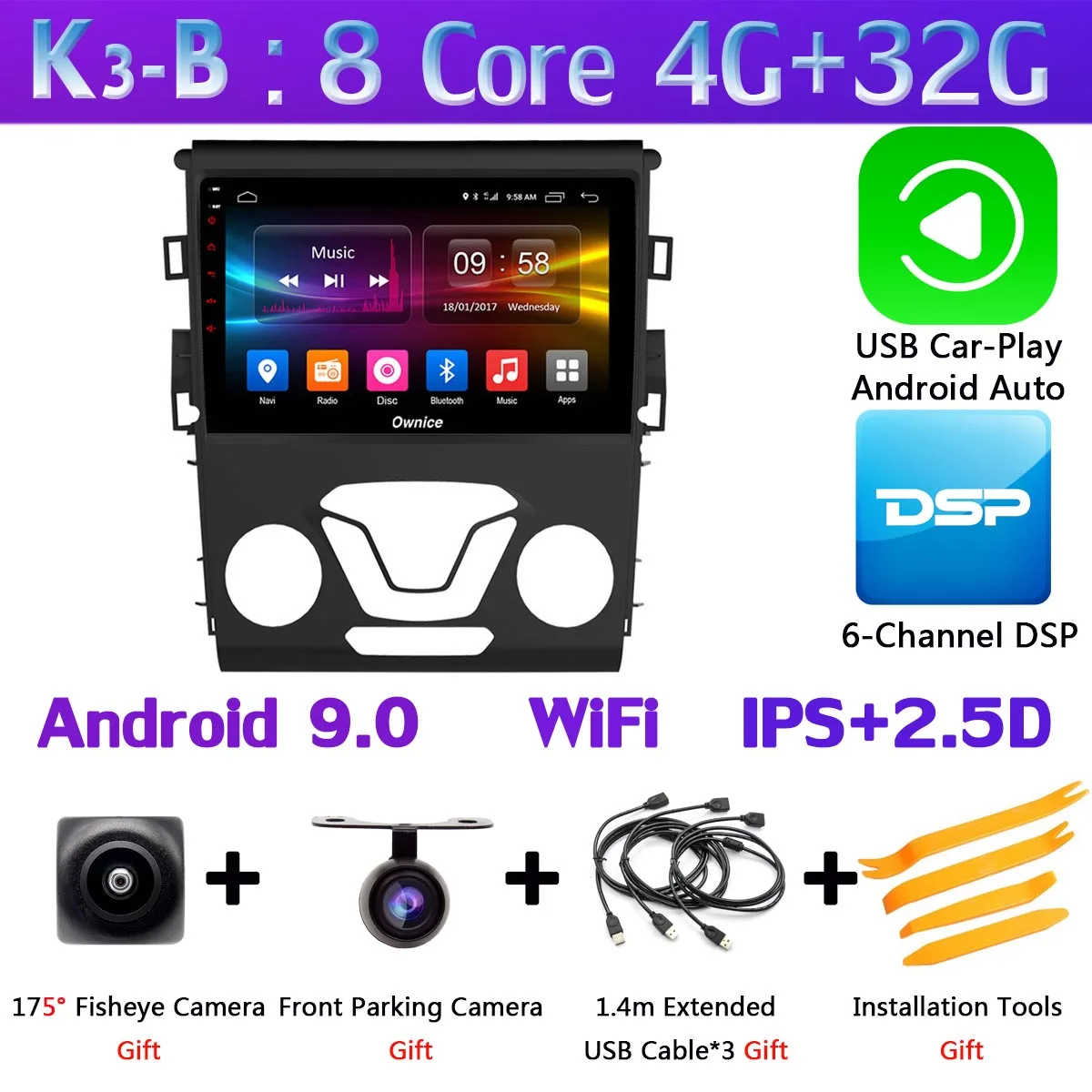 K3-B-CarPlay 360 ° панорамная камера 4G LTE Android 9,0 8Core 4G+ 64G gps радио SPDIF DSP CarPlay автомобильный мультимедийный плеер для Ford Mondeo 2013 - Цвет: K3-B-CarPlay