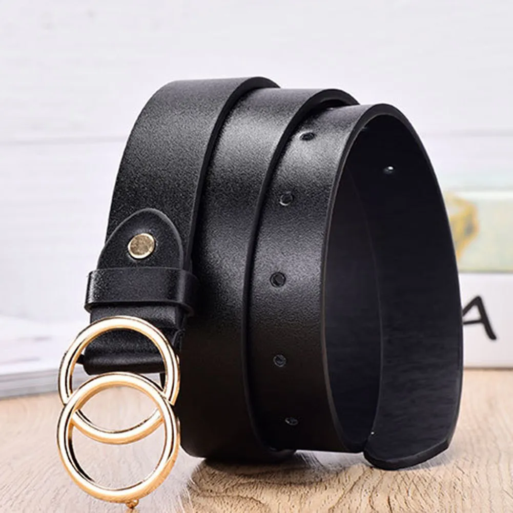 Black 105 см женские дикие ремни на каждый день твердые двойные кольца круглая пряжка пояс для девочек джинсовый пояс из полиуретановой кожи - Цвет: Black