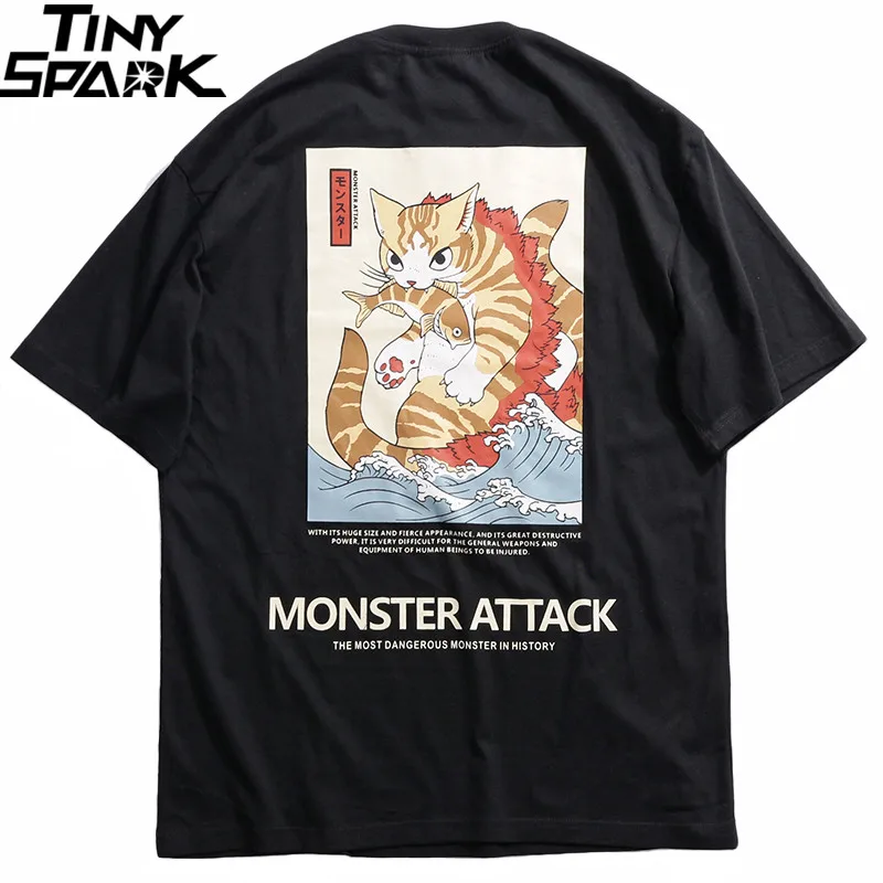 En Ligne 2019 hommes Hip Hop t shirt Streetwear monstre chat T Shirts Harajuku japon Style drôle t shirt été à manches courtes couverture en coton T Shirts