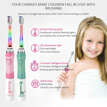 

SEAGO Children Electric Toothbrush for 3-12 Ages Battery Children Toothbrush LED Sonic Kids Toothbrush with Timer 3 Nozzles