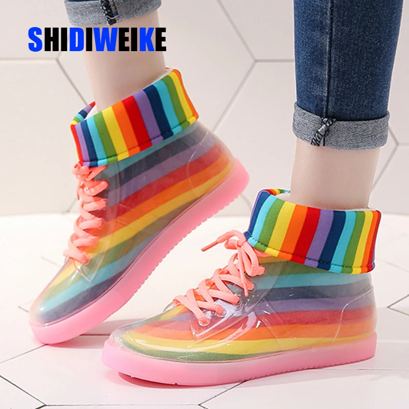 

Ankle Rain Boots Removable Cover Platform Lace Up PU Waterproof Motorcycle Colorful Ankle Mature Boots Woman Shoes g690