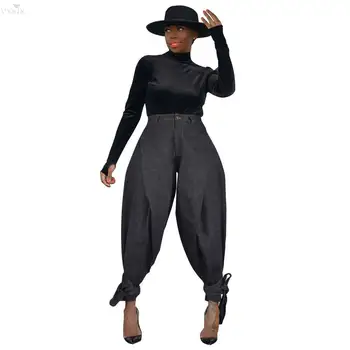 

Harem Pants Women Trousers Retro Solid Black Jeans Pockets Harem Trousers Loose Casual Streetwear Distressed High Waist Pants