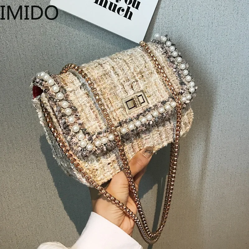 

IMIDO 2019 New Fashion Pearl Chain Flip Small Square Bag Shoulder Bag Diagonal Cross Bag Woven Woolen Bag Designer Bags