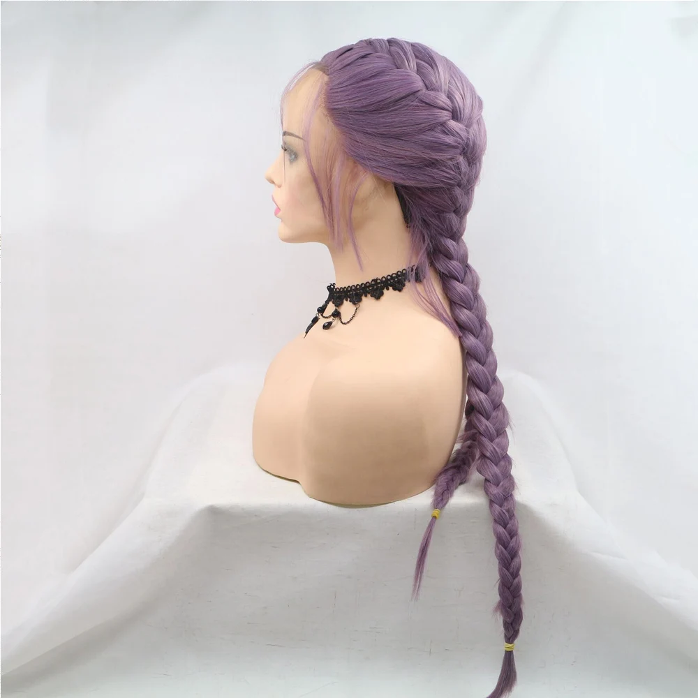 Long 24" Purple Braided Wig 2 Braids Highlight Big Braiding Synthetic Wig for Women Heat Resistant Fiber
