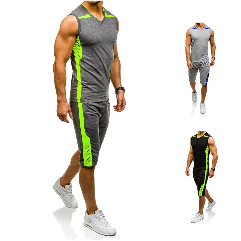 

Zogaa 2019 Brand Fitness Suits Summer 2PC Top Short Set Mens Stand Collar Tracksuit Sleeve-less T Shirt Shorts Casual Fashion