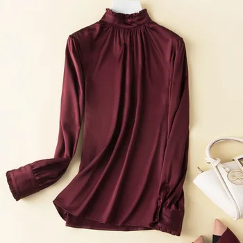 

Wine Red Color Silk Shirt Women 's 2020 Spring and Autumn New Elastic Satin Inner Silk Shirt Ruffled Collar Long-sleeved Shirt