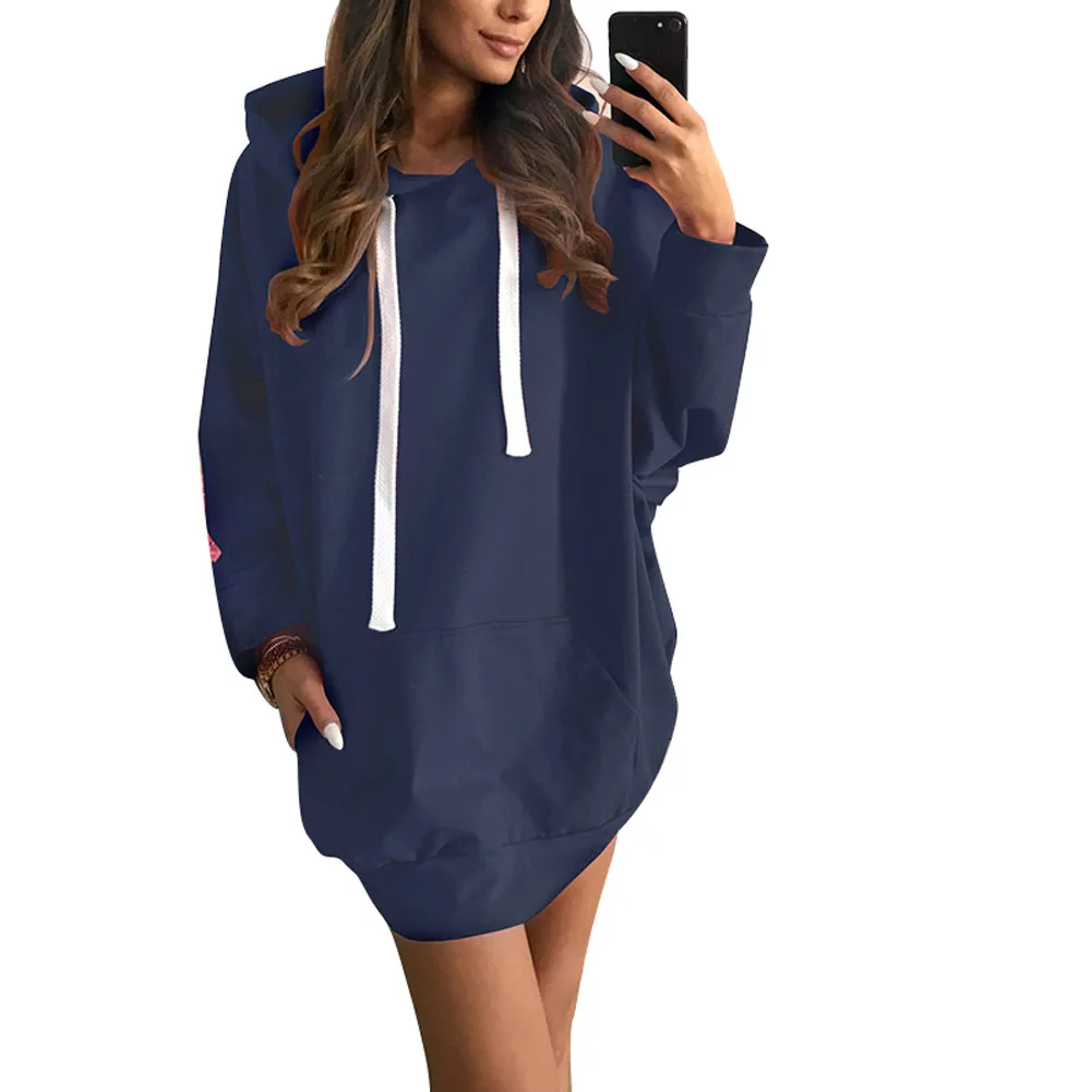 Women Long Hooded Sweatshirt Long Sleeve Solid Color Loose Hoodies Coat ENA88 - Цвет: Синий