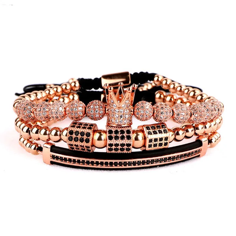 3pc/set Men Luxury CZ Crown Braided Micro Pave Cubic Zirconia Stainless Steel Beads Charm Bracelet Jewelry for Women Men - Image 3