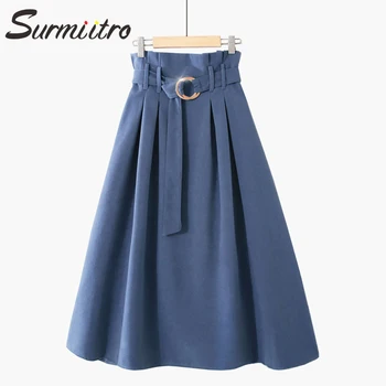 

SURMIITRO 2020 Autumn Winter Women Korean Style Elegant Dermabrasion Velvet High Waist Midi Long A Line Skirt Female With Belt