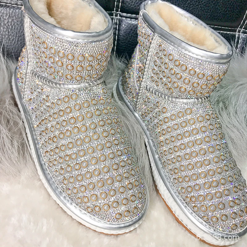 Стразы botas mujer Сияющие кристаллы теплая обувь женские зимние ботинки шерстяные, с перламутром и мехом; bota feminina; женская обувь ботильоны
