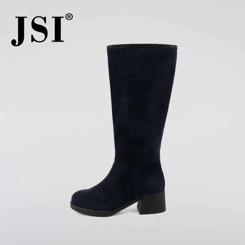 

JSI Winter Women Boots Knee-High Kid Suede Slip-On Solid Pointed Toe Square Heel Ladies Shoes High Heel New Boots Women JC366