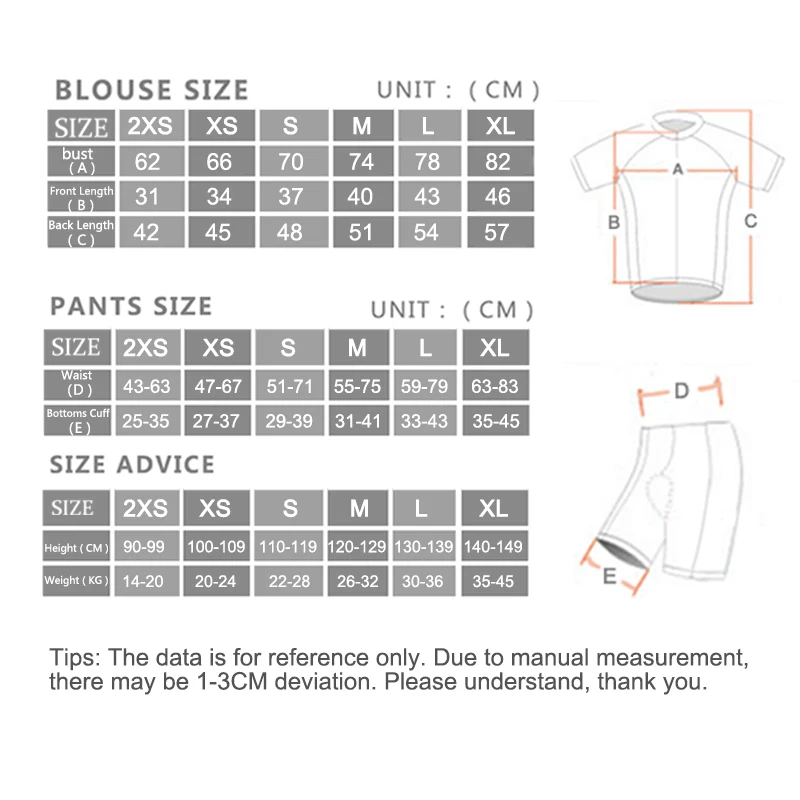 Kids bike clothes size chart - Kids Cycling Set Sizes