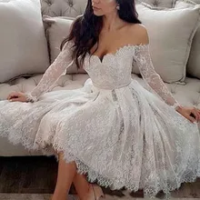 Выпускное Платье трапециевидной формы белое кружевное предложение плечо с длинным рукавом длиной до колена свадебное платье для выпускного бала vestido de formatura