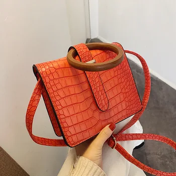 

Small square bag wooden handle ring female bag crocodile pattern new autumn and winter simple fashion shoulder messenger handbag