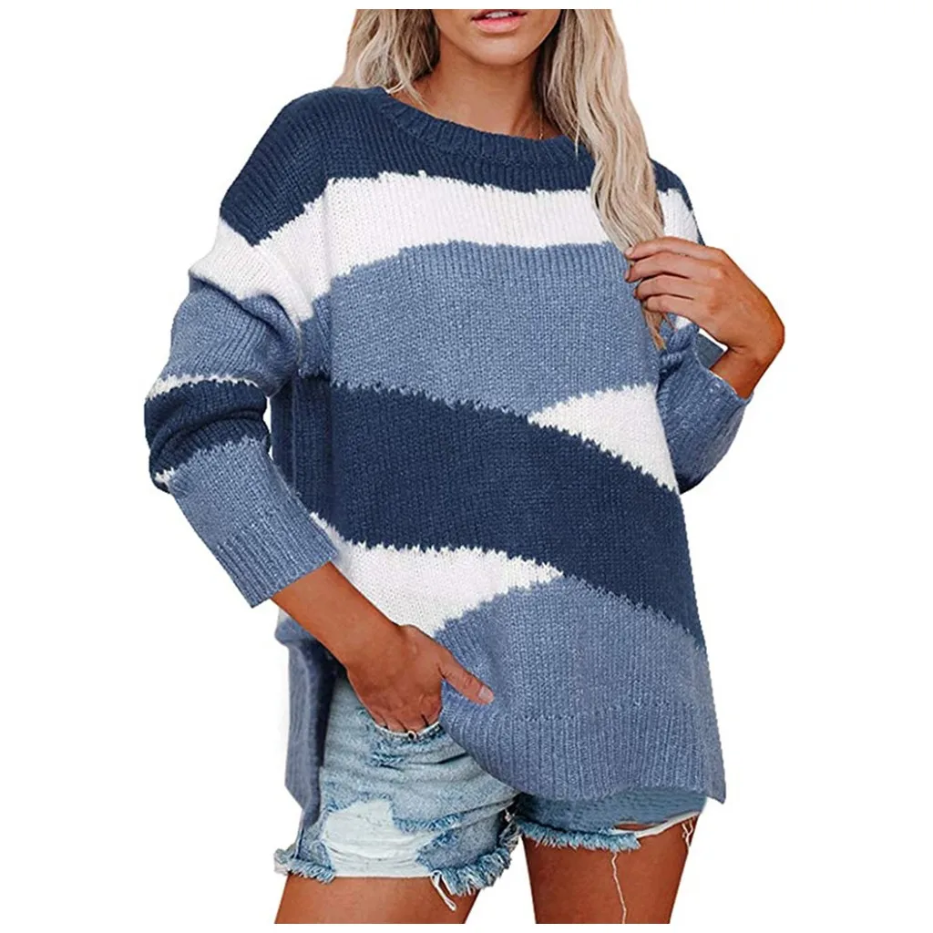 

Womens Sweater Knitted Sweaters Casual Long Sleeve Color Block Pullover Sweater Fashion O Neck Autumn Winter Thick Jumper Tops