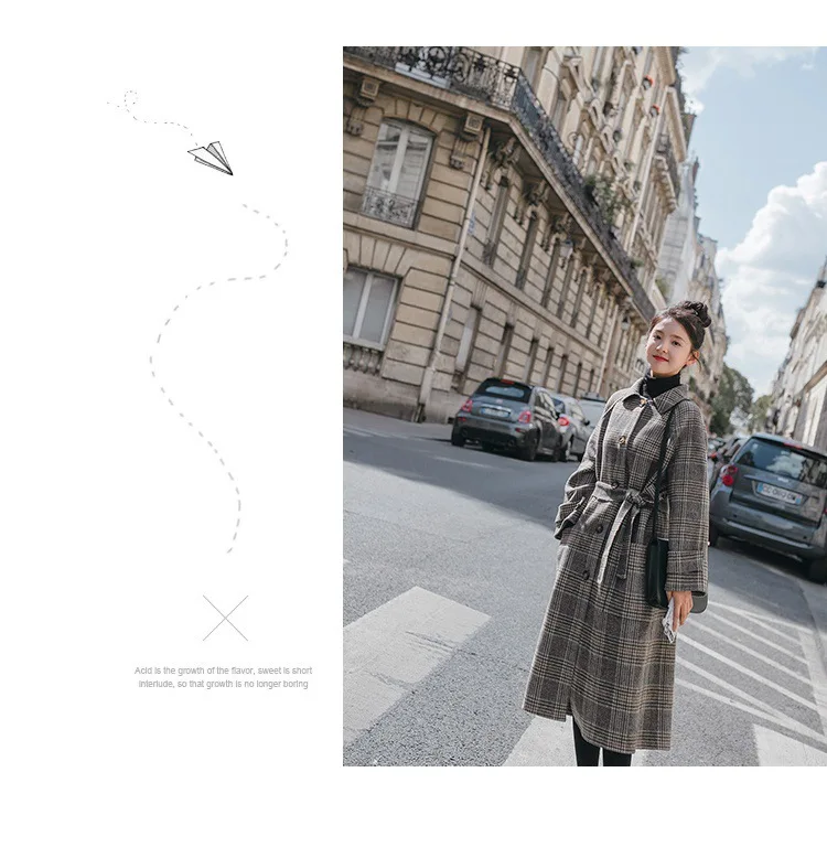 Пальто в клетку для фотосессии, женское, средней длины, Южная Корея,, для студентов, осень и зима, корейский стиль, свободный крой, выше колена P
