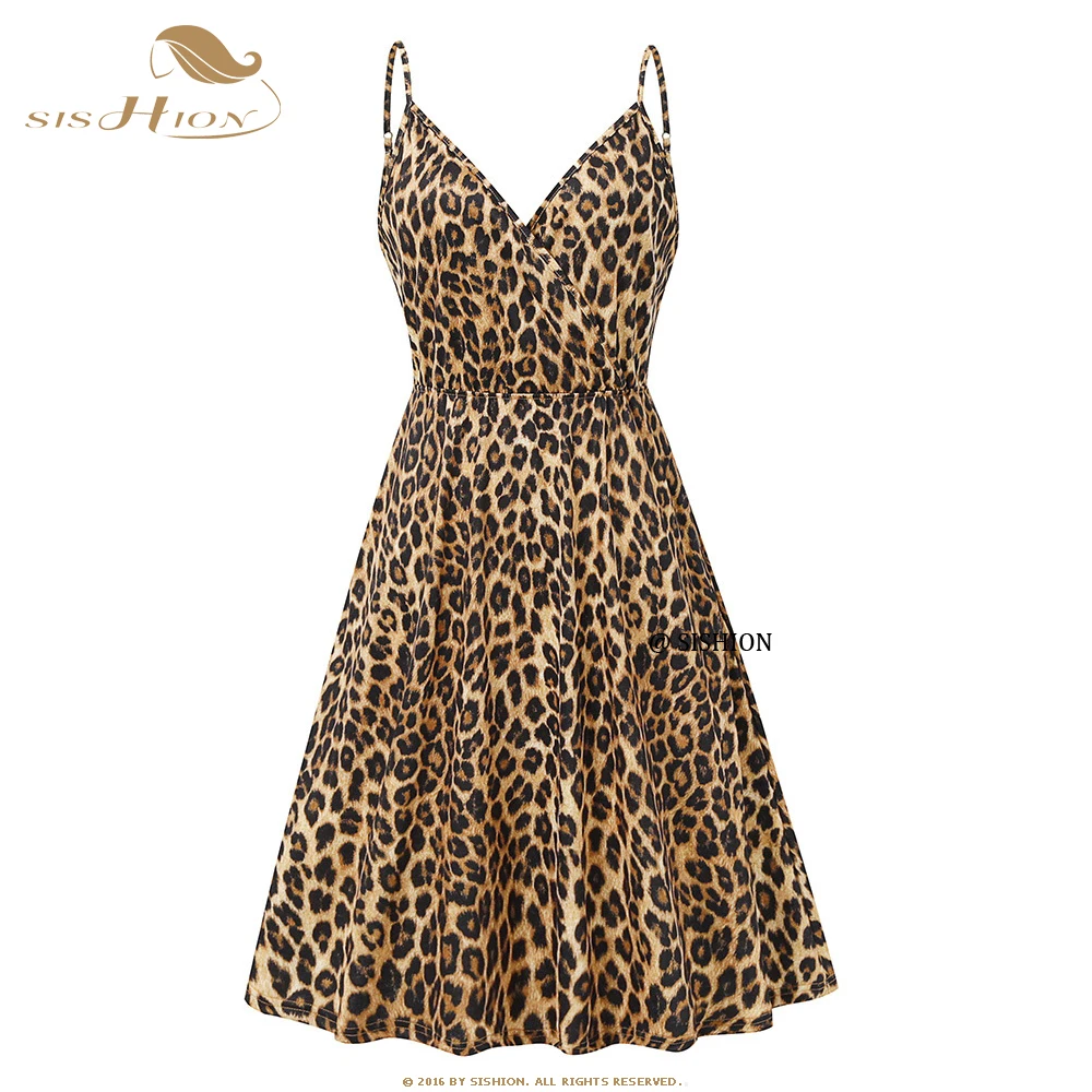 

SISHION New Spaghetti Strap Sexy Leopard Dress VD1717 Vintage Ropa Mujer Floral Printed Women Summer Beach Dress with Pocket
