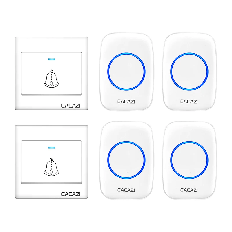 2 button 4 receiver CACAZI, беспроводной дверной звонок, водонепроницаемый, 300 м, пульт дистанционного управления, 2 батареи, кнопка, 4 приемника, домашний дверной звонок, 60 колокольчиков, 0-110дб, вилка стандарта США, ЕС, Великобритании - Цвет: 2 button 4 receiver