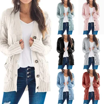 

New Style for Autumn and Winter Women's Casual Cardigan Coat Solid Color Linen Flower Color Button Cardigan Sweater 2020 Women