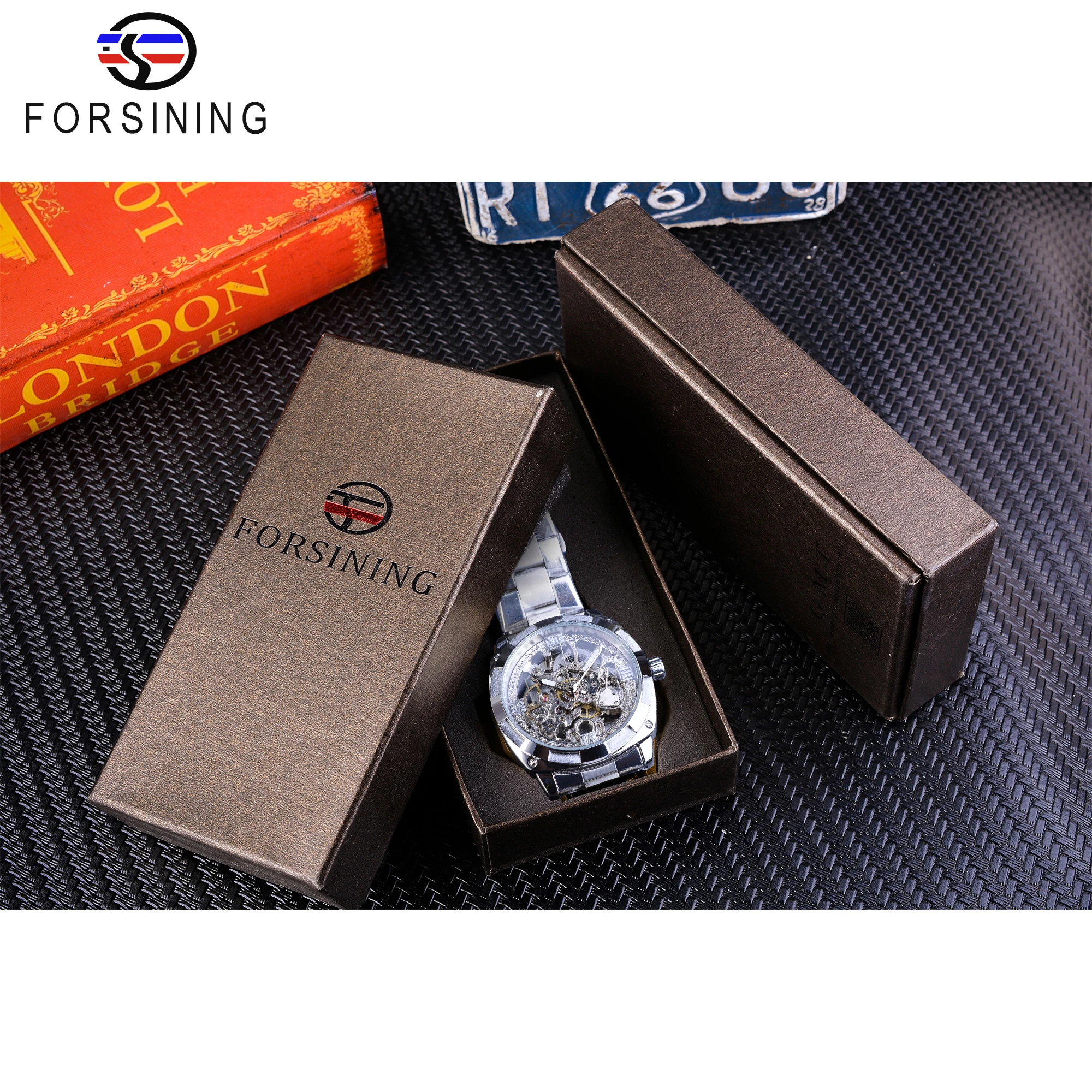 Forsining Silver Watches Folding Clasp with Safety Men's Automatic Watches Top Brand Luxury Transparent Watches Luminous Hands