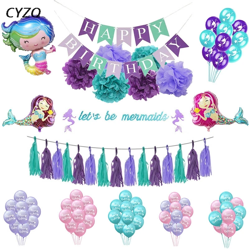 Little Mermaid Theme Party Supplies Happy Birthday Mermaid  Banner Blue Mermaid Balloon Wedding Party Decor Baby Shower Supplies