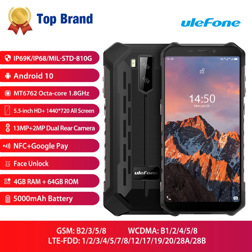 Ulefone Armor X5 Pro Waterproof Mobile Phone Rugged NFC 4G LTE 4GB+64GB Smartphone Android 10.0 CellPhone Octa-core Processor