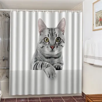 

Curious Grey Cat Shower Curtains Home Decoration Blackout Screen For Kids Room Waterproof Polyester Fiber 3D Bath Bathtub Shower