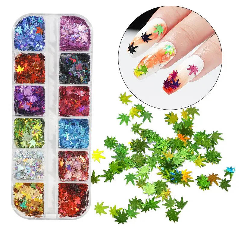 PH01,.Purpurina Glitter Sequins For Craft Nail Face 12 Grids Chunky Maple Leaf Flake Pigment Nails Art Design Nail Stuff In Bulk