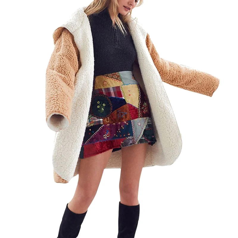 

2019 artificial sheep fur thick female coat jacket large size winter warm contrast color double-faced plush hooded coat coat