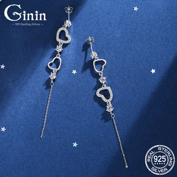 

GININ 925 Sterling Silver Temperament Long Tassel Shiny Zircon Double Heart Pendant Drop Earring For Women Anniversary Jewelry