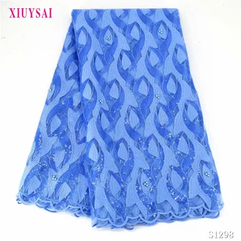 

2020 Latest Sky Blue African French Tulle Lace Fabric High Quality Multicolor Sequins Embroiderey Mesh Lace Fabric For Wedding
