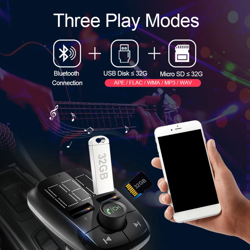 Большой экран T50 Автомобильный Bluetooth MP3-плеер громкой связи Обнаружение напряжения FM передатчик 2.4A автомобильное зарядное устройство