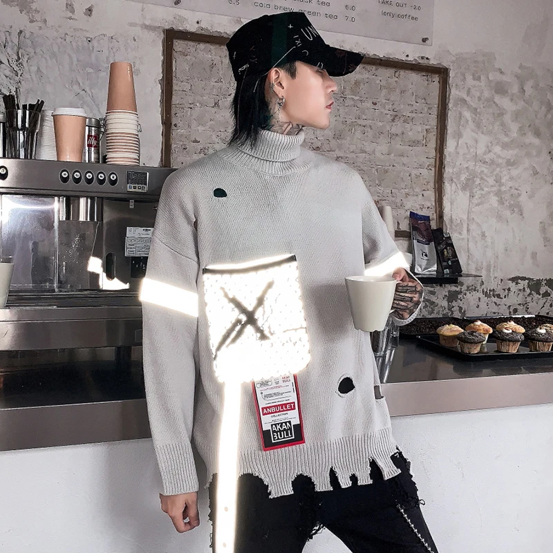 

Winter Turtleneck Sweater Men Ripped Reflective Streetwear Pullover