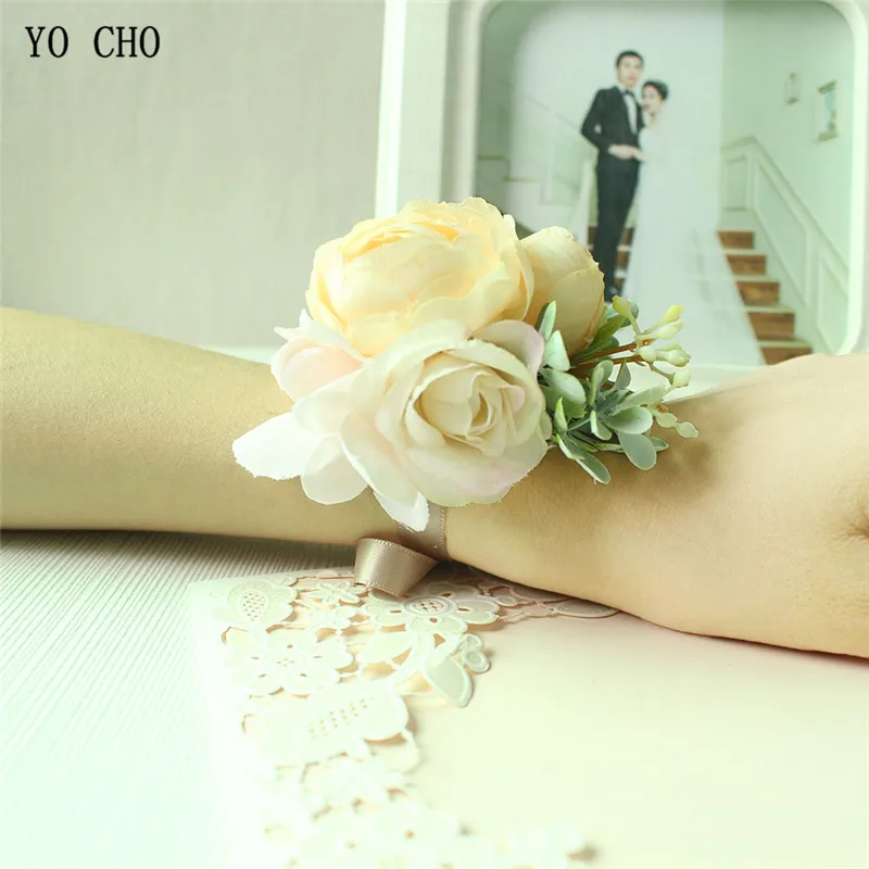 

High Grade Silk Flower Wrist Corsage Artificial Rose Bridesmaid Brooch Man Boutonniere Dress Accessory Wedding Prom Party Decor