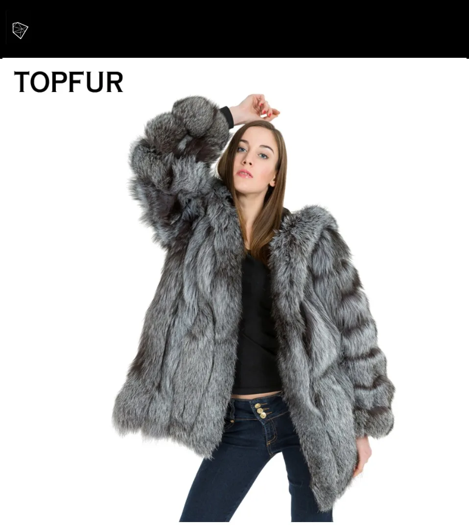 TOPFUR, модные зимние женские пальто с капюшоном, натуральный мех, пальто для женщин, натуральный мех серебристой лисы, верхняя одежда и пальто, базовые куртки