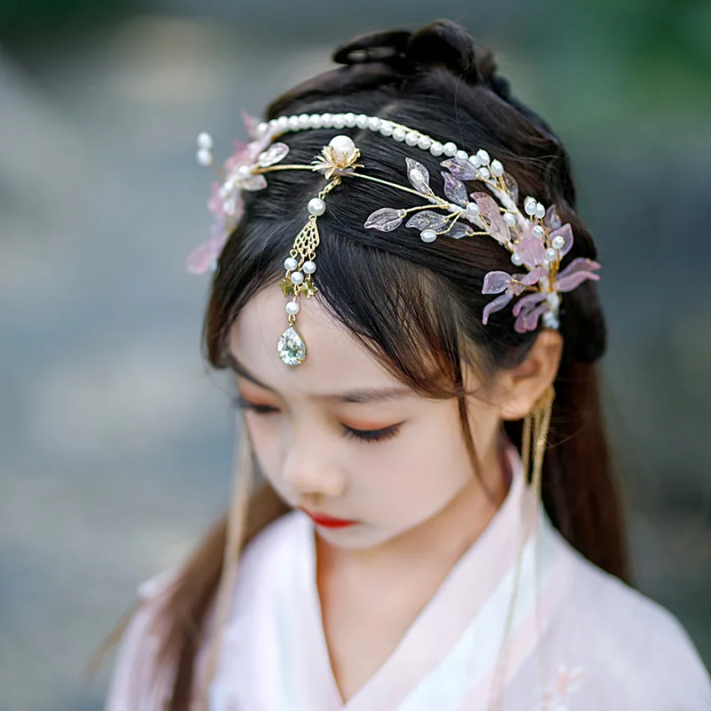 Tassel Fake Earrings Hairband Chinese Hanfu Hair Accessories Pink Floral Tiaras Headband Travel Photography Fairy Hair Jewelry jewelry accessories,hair accessory,hair headdress