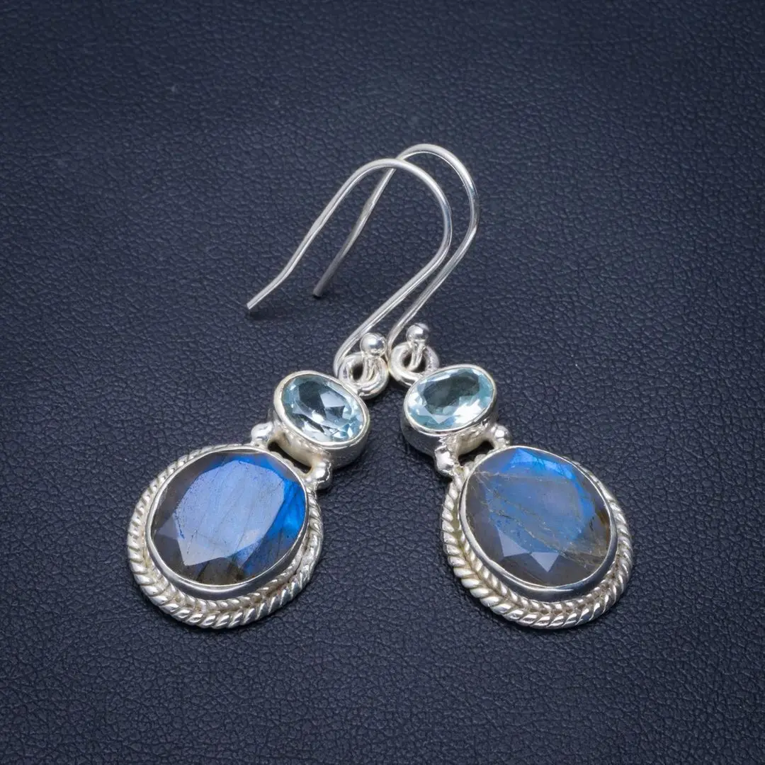 

Natural Labradorite and Blue Topaz Handmade Unique 925 Sterling Silver Earrings 1.75" B2069