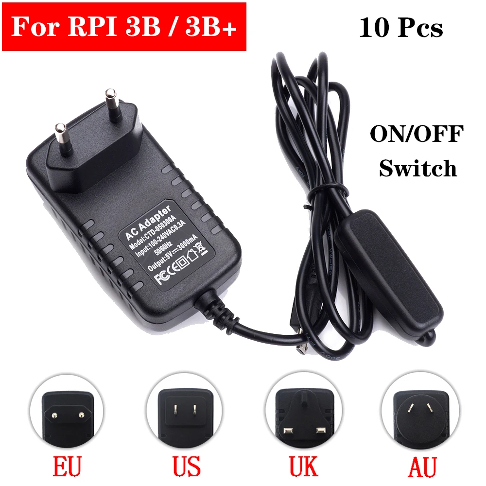 10 шт. Raspberry Pi 3 блок питания 3A Micro USB адаптер питания EU US AU UK зарядное устройство для Raspberry Pi 3 Model B 3B Plus