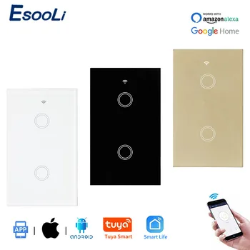 

EsooLi Luxury Glass Panel 2 Gang Wall Touch Smart Switches US Standard Tuya Smart Life APP Control Null and Fire Line
