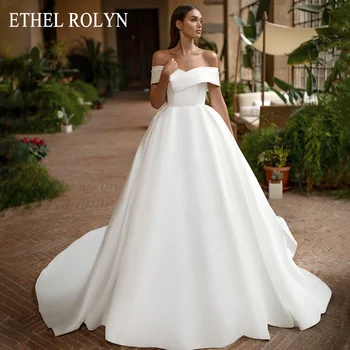 

ETHEL ROLYN Ivory Elegant Satin Wedding Dress 2020 Off the Shoulder Button Simple Bride A-Line Wedding Gowns Vestido De Noiva