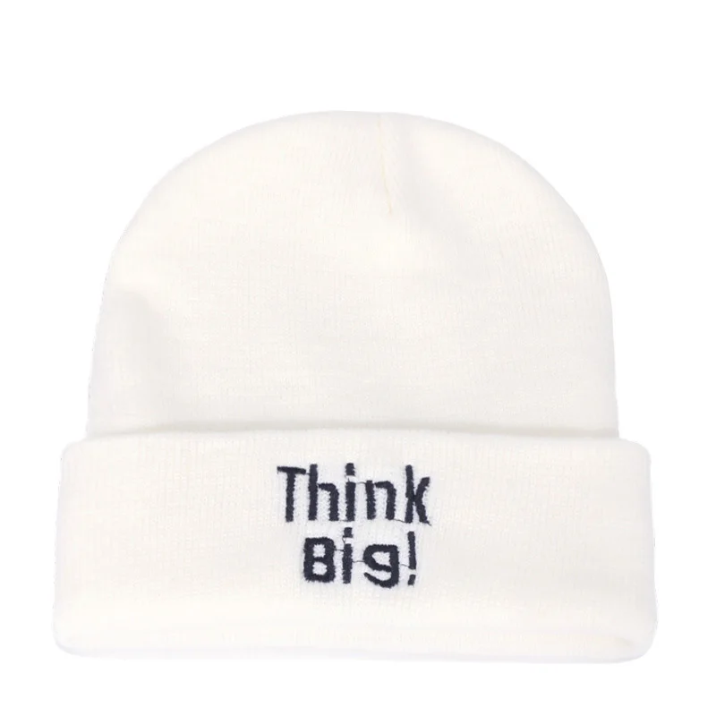 Мужская и женская вязаная шапка с надписью Think Big Embroidered, осенняя и зимняя теплая Женская кепка с манжетами, мужская повседневная Кепка Skully