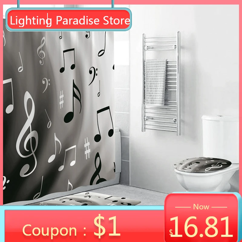 

Music bathroom accessories Set note pattern Non-Slip Toilet Cover Mat Set +Carpet +Bathroom Shower Curtain 4Pcs Polyester F713