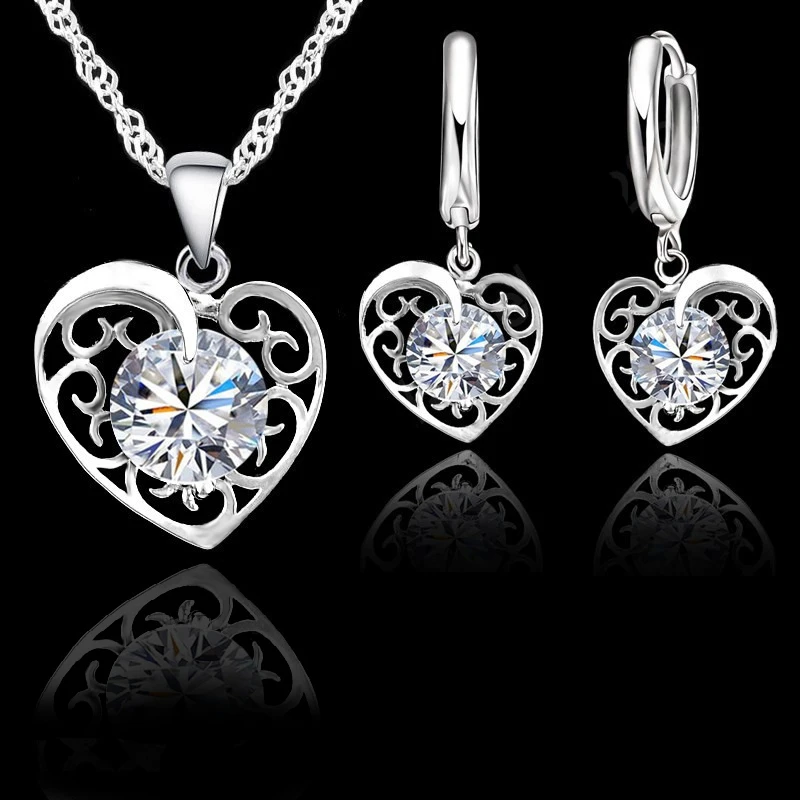 Beautiful Heart Shape Jewelry Sets For Women Love 925 Sterling Silver Cubic Zircon Pendant Hoop Earrings Female Wedding Gifts
